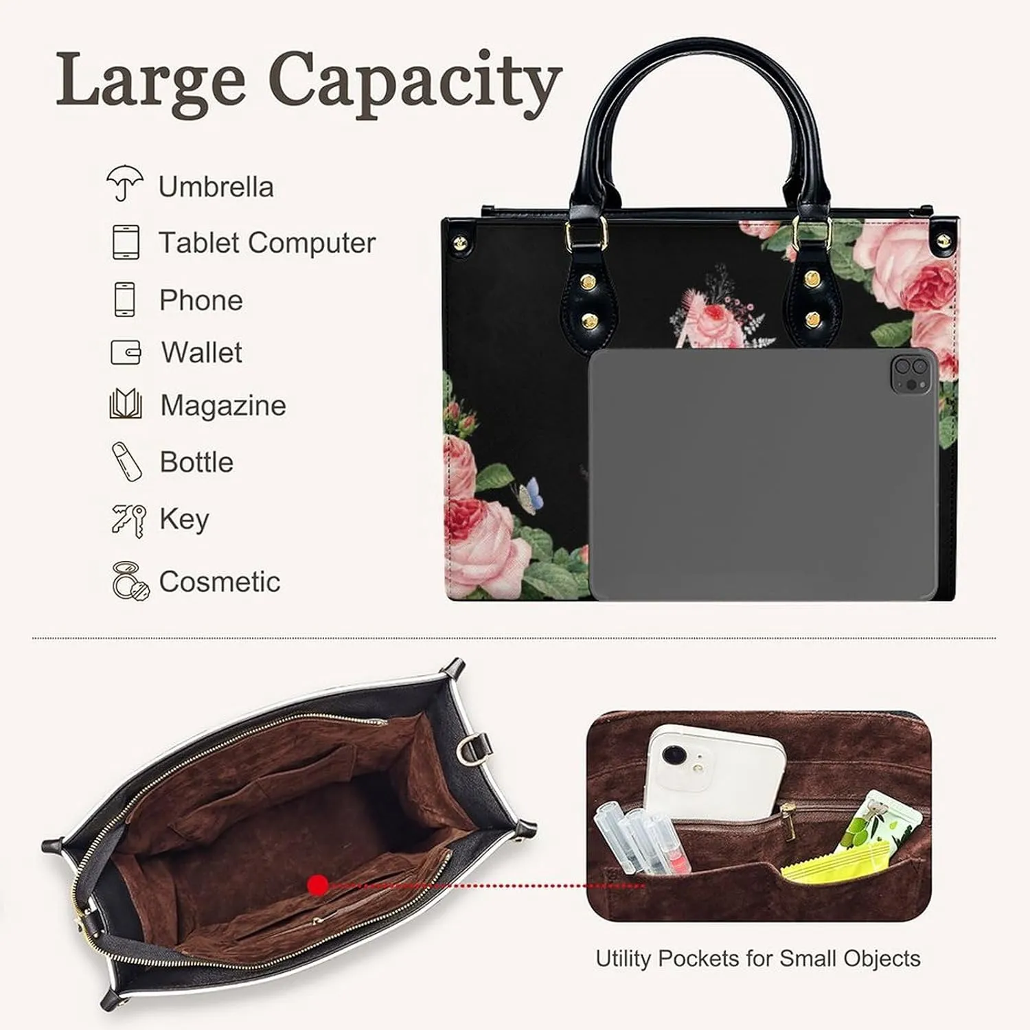 Leather Initial Handbags for Women Ladies Monogram Tote Bag Satchel Top Handle Shoulder Crossbody Bags for Work Outdoor