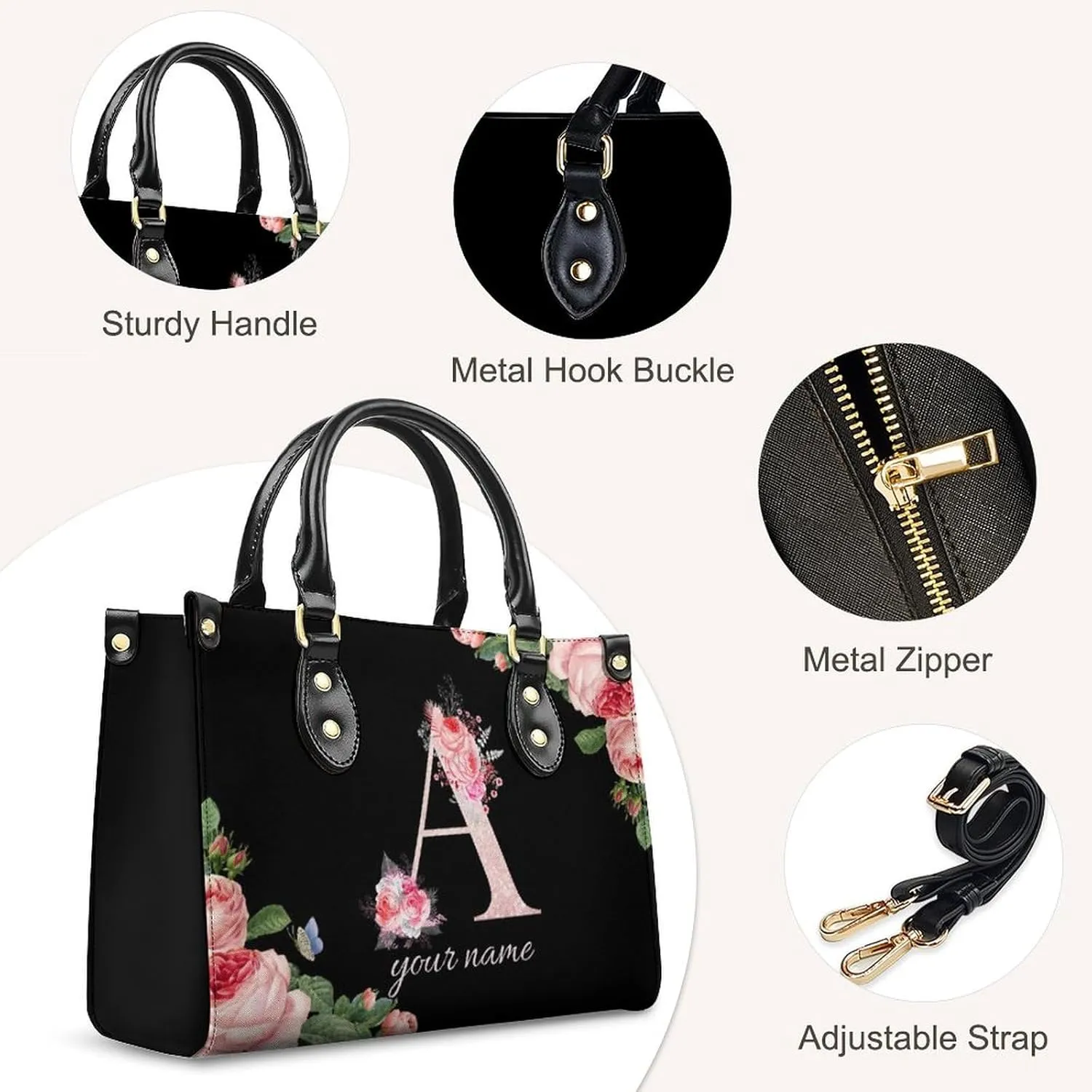 Leather Initial Handbags for Women Ladies Monogram Tote Bag Satchel Top Handle Shoulder Crossbody Bags for Work Outdoor