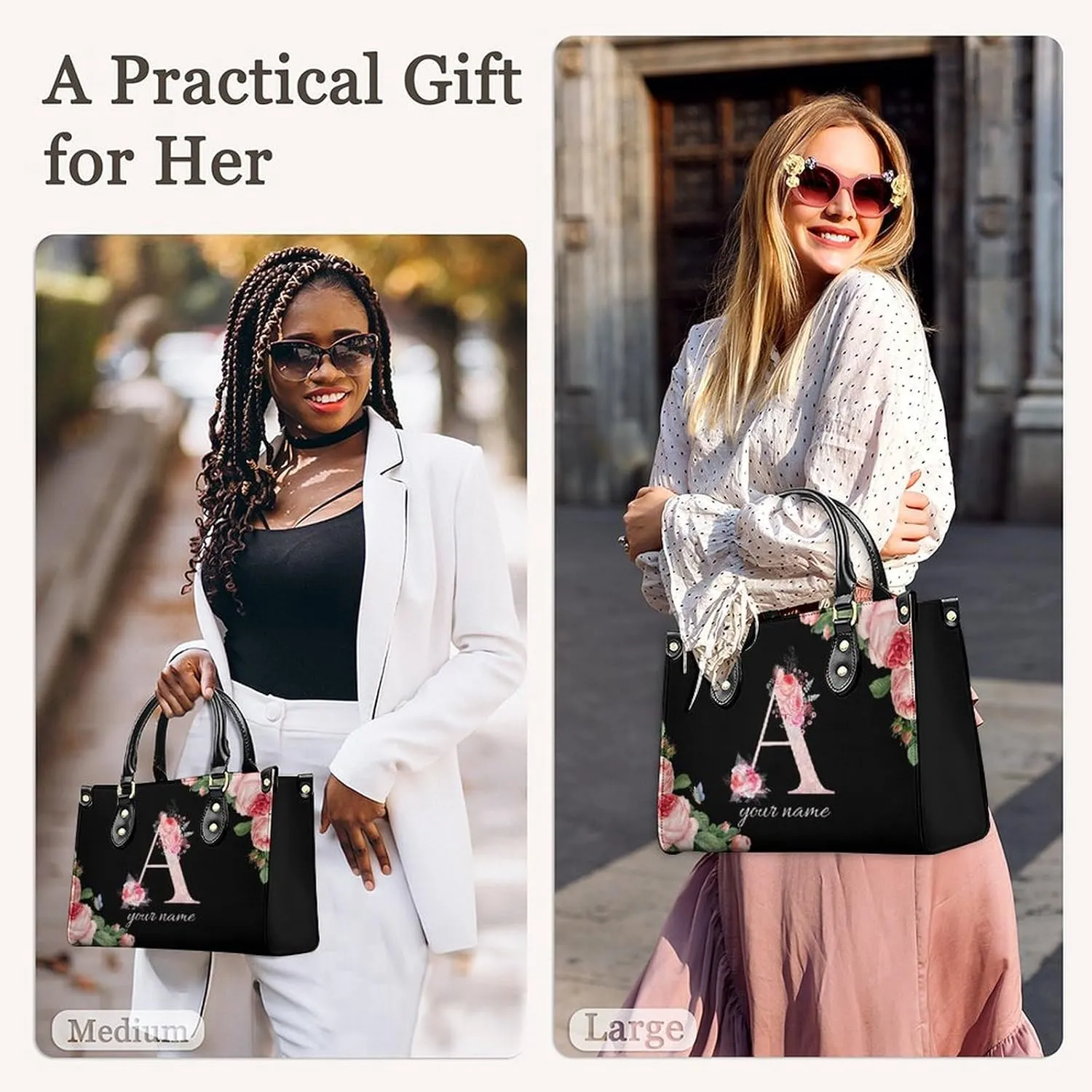 Leather Initial Handbags for Women Ladies Monogram Tote Bag Satchel Top Handle Shoulder Crossbody Bags for Work Outdoor