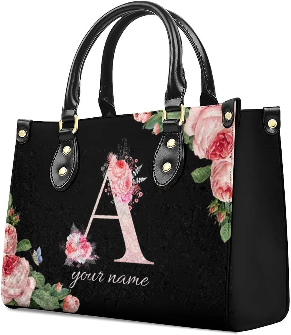 Leather Initial Handbags for Women Ladies Monogram Tote Bag Satchel Top Handle Shoulder Crossbody Bags for Work Outdoor