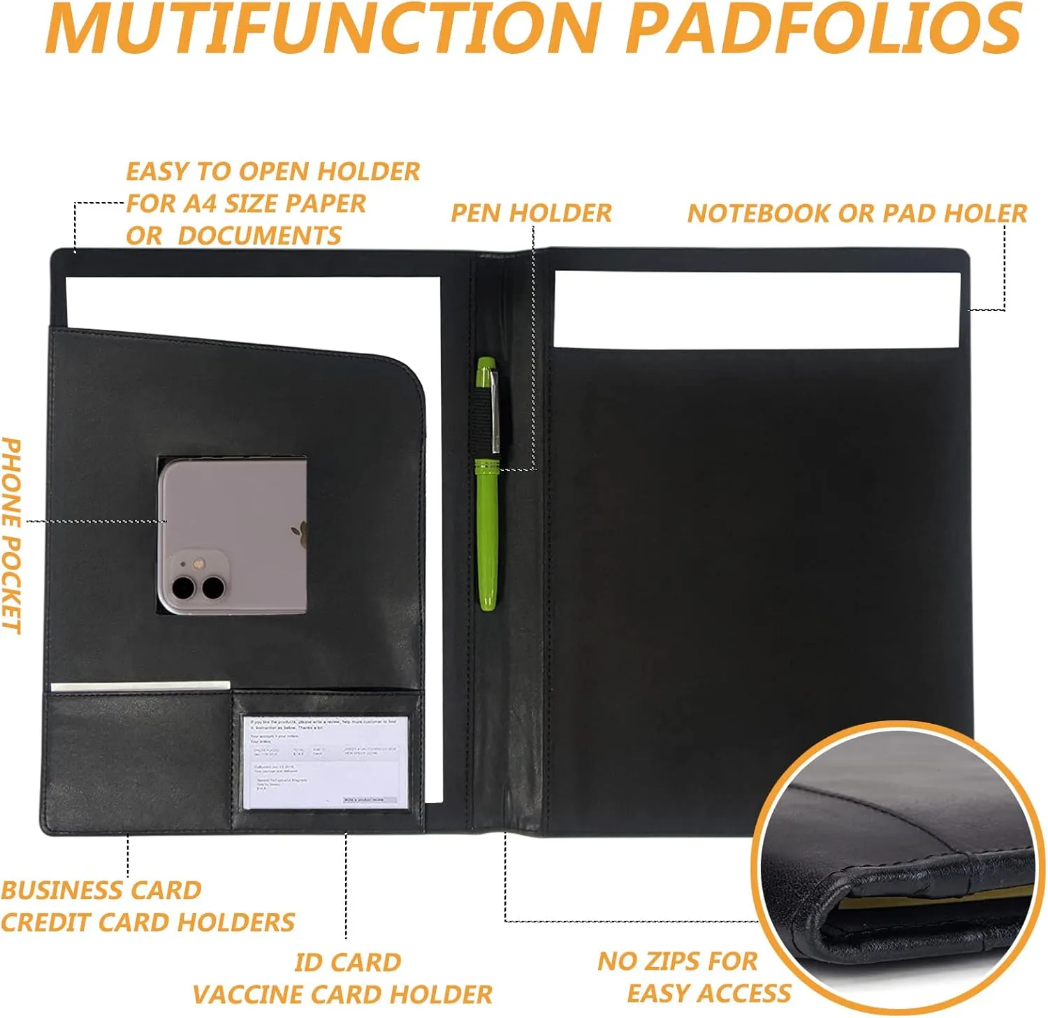 Leather Portfolio Folder Padfolio, Business Padfolio Organizer Document Planner Portfolio Binder Storage Pocket for Legal Pad Holder Paperwork Phone Men Women (Black)