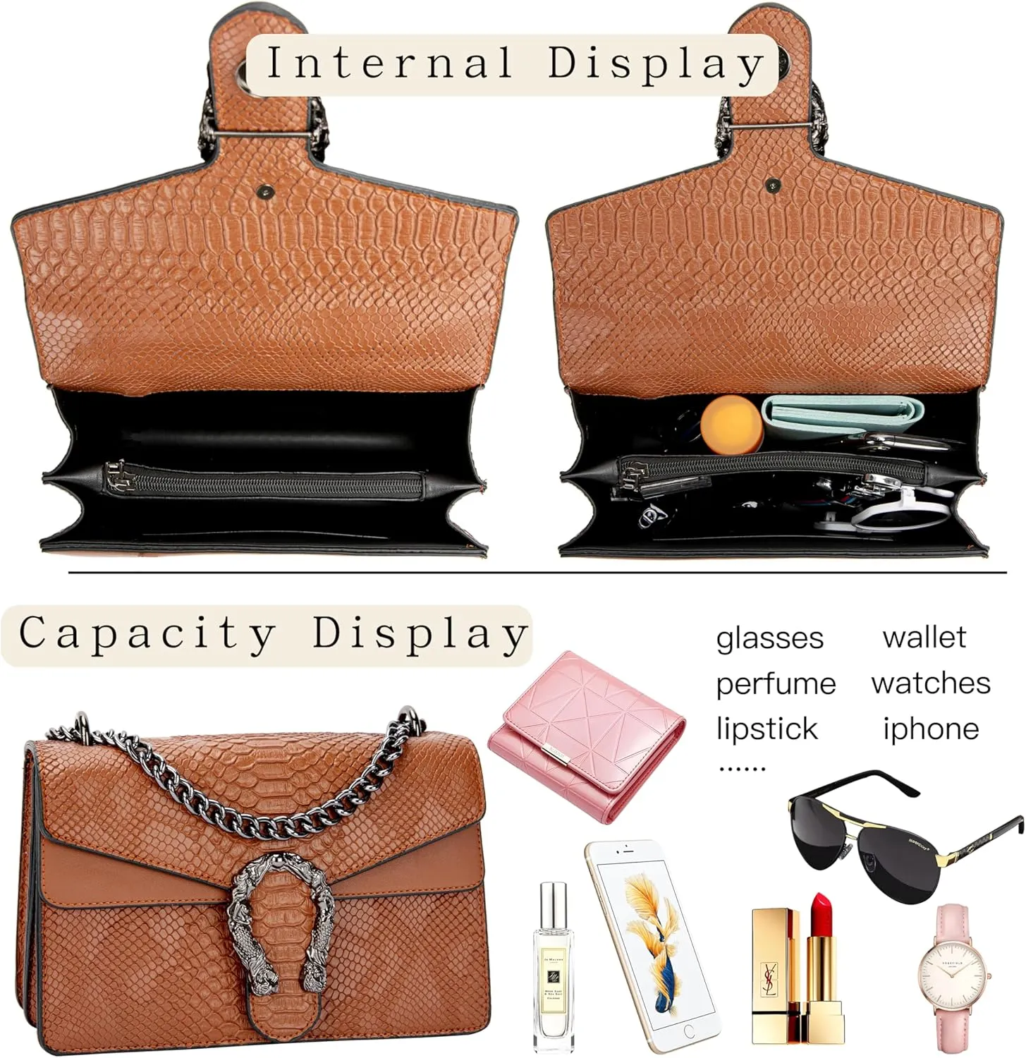 Leather Shoulder Bag Chain Purse for Women - Fashion Crossbody Bags Vintage Snake Print Underarm Bag Square Satchel Handbag