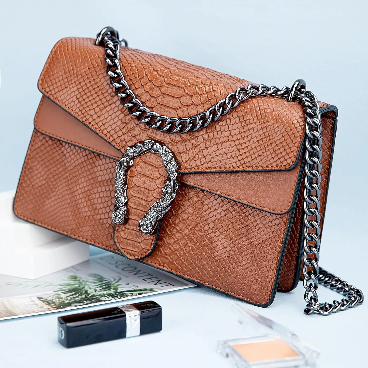 Leather Shoulder Bag Chain Purse for Women - Fashion Crossbody Bags Vintage Snake Print Underarm Bag Square Satchel Handbag