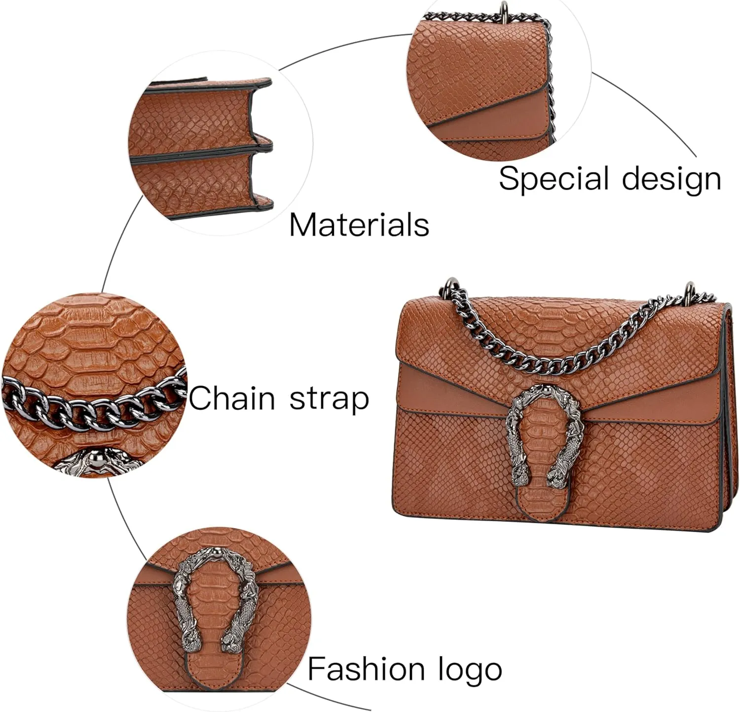 Leather Shoulder Bag Chain Purse for Women - Fashion Crossbody Bags Vintage Snake Print Underarm Bag Square Satchel Handbag