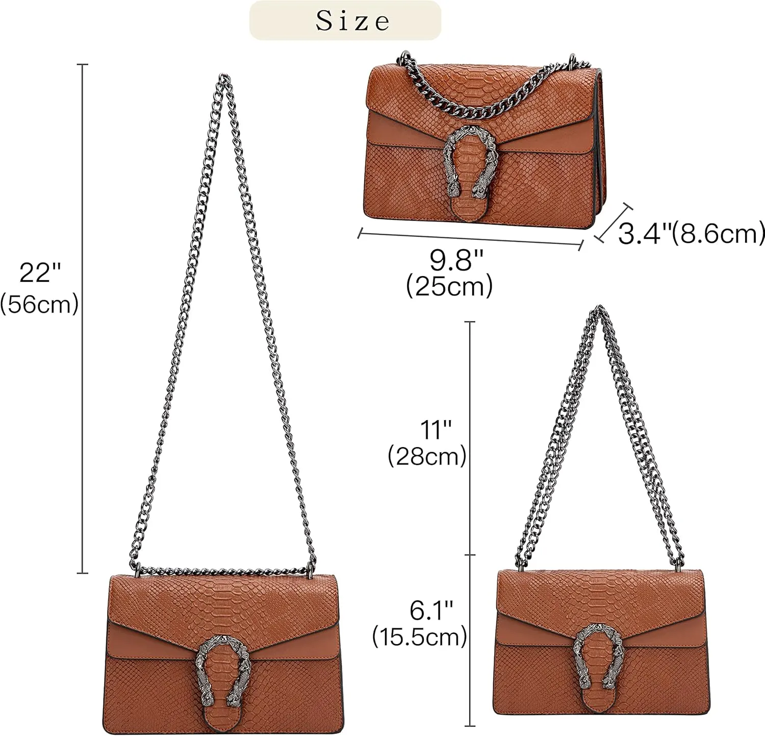Leather Shoulder Bag Chain Purse for Women - Fashion Crossbody Bags Vintage Snake Print Underarm Bag Square Satchel Handbag