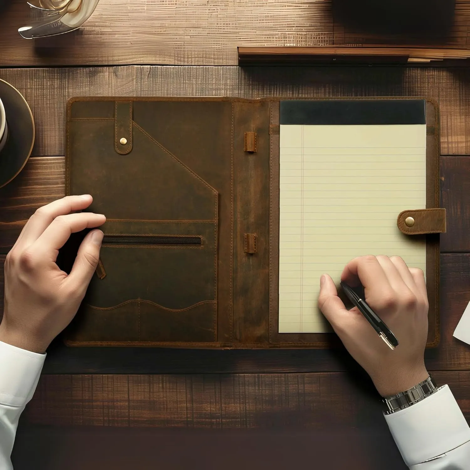 Leather Village Leather Portfolio Organizer - Professional Business Padfolio for Men & Women - Stylish Document Card Holder, Resume Folder, Folio for A4/Letter Size Writing Legal Pad, Brown