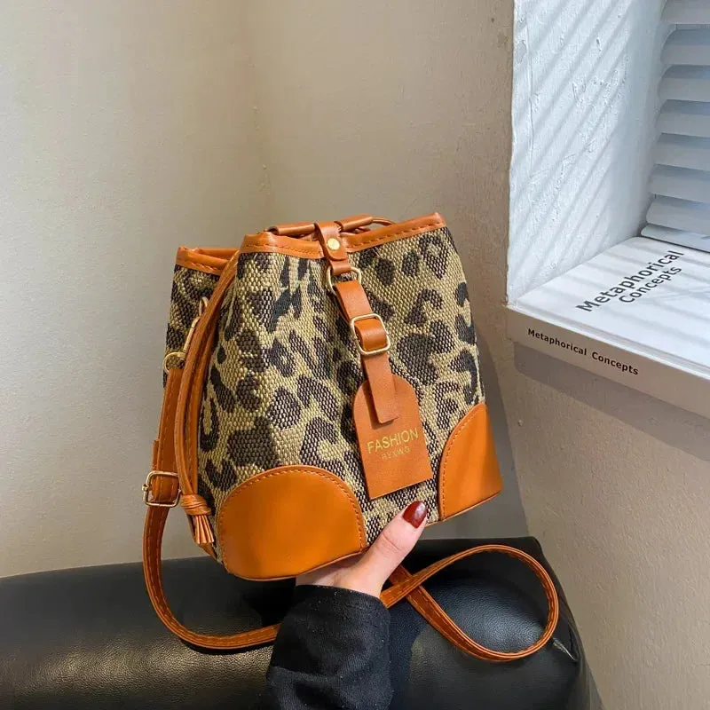 Leopard Small PU Leather Women Bucket Crossbody Bags 2024 Fall Designer Shoulder Bag Luxury Brand Ladies Handbag Lady Trend Tote