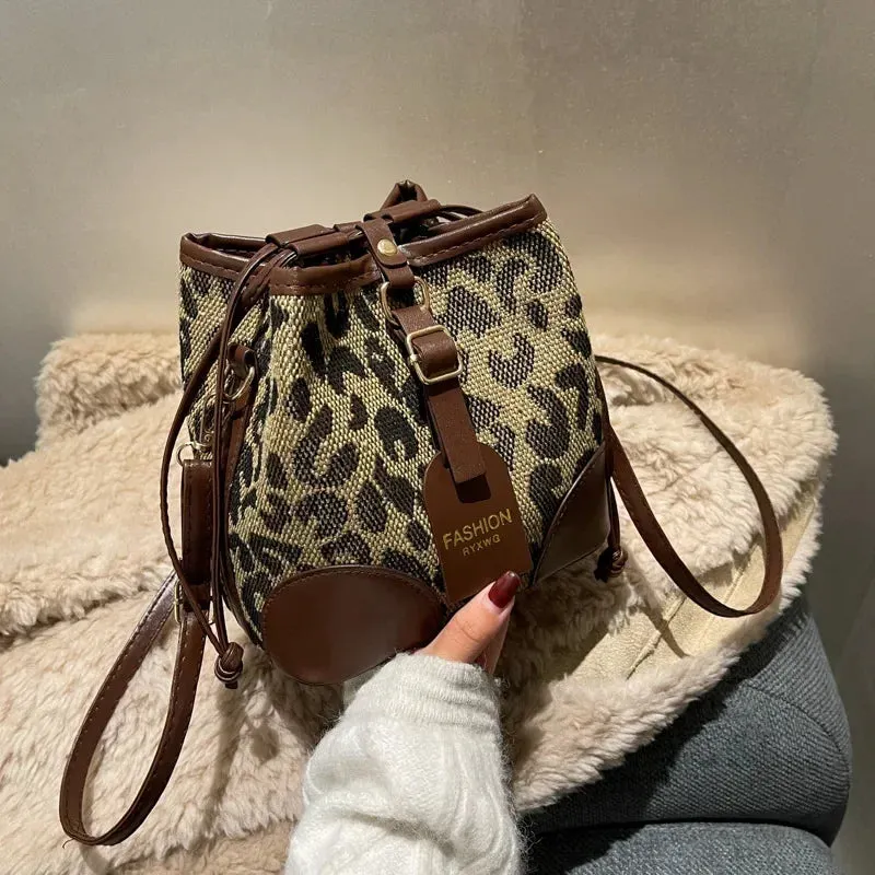 Leopard Small PU Leather Women Bucket Crossbody Bags 2024 Fall Designer Shoulder Bag Luxury Brand Ladies Handbag Lady Trend Tote