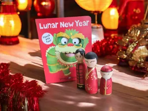 Lunar New Year Hand-Painted Peg Dolls & Touch-and-Feel Book Set