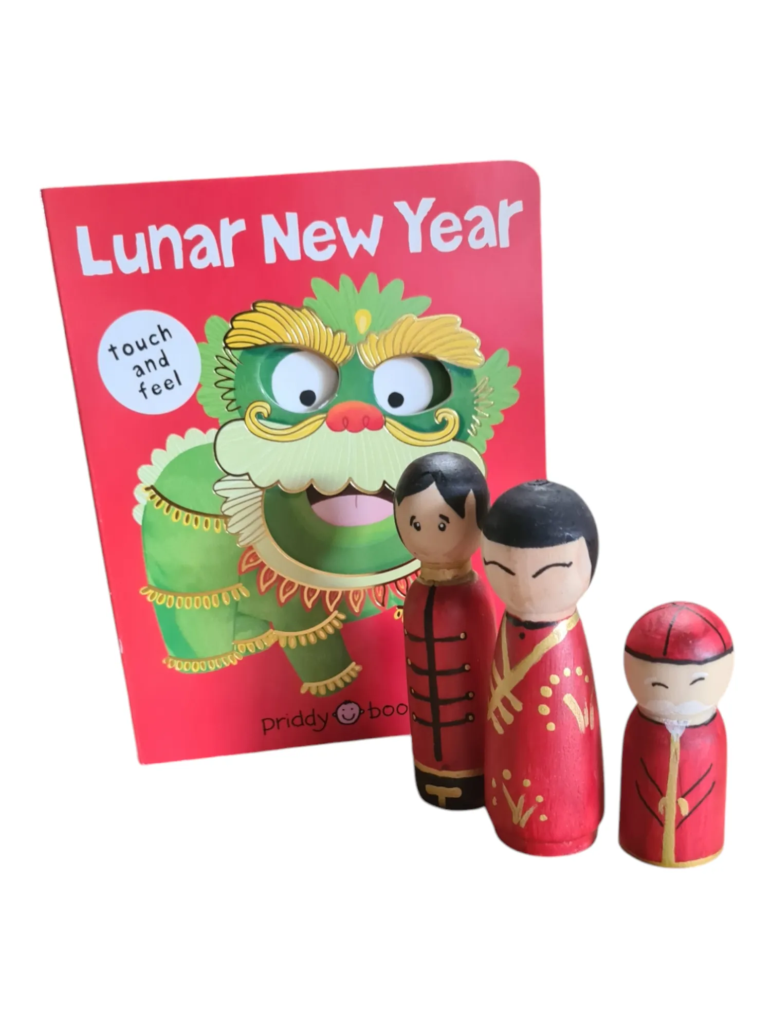 Lunar New Year Hand-Painted Peg Dolls & Touch-and-Feel Book Set