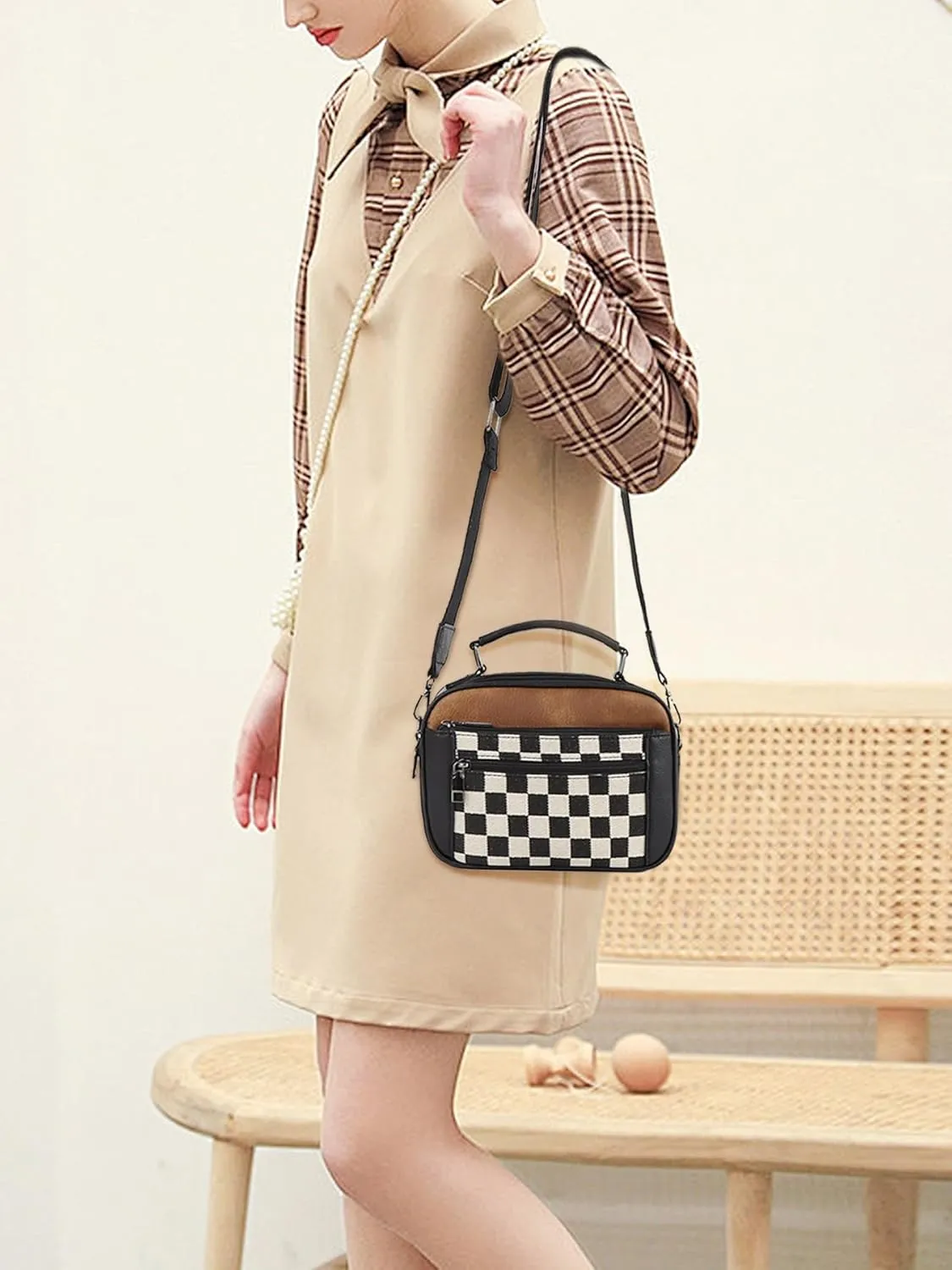 Lushandy Checkered Purse, Checkered Crossbody Bag with Top Handle Vintage Checkered Shoulder Bag Checkerboard Handbag