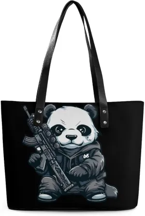 Machine Gun Panda Women Tote Bag PU Leather Handbags Top Handle Bag Fashion Shoulder Purses with Zippered
