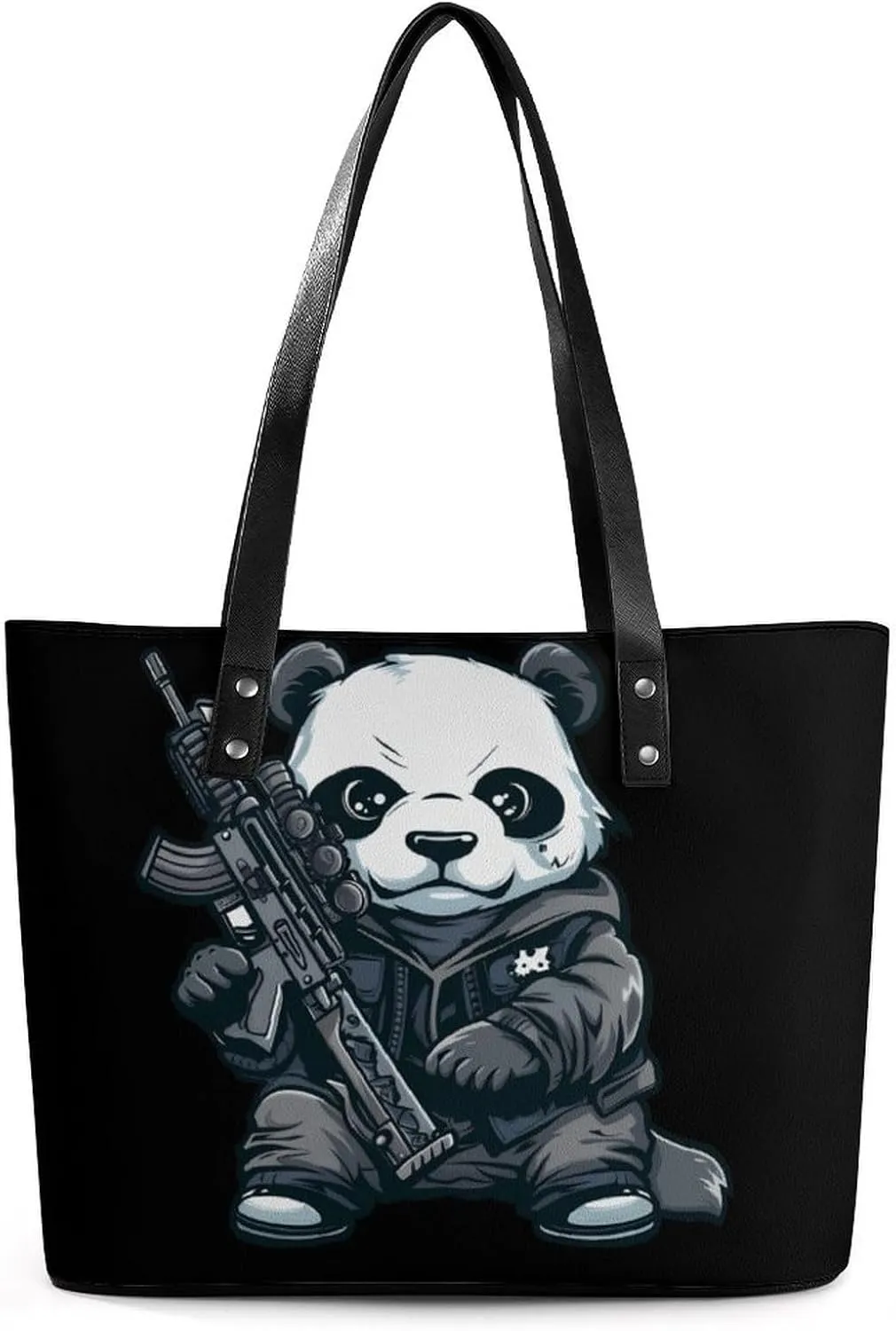 Machine Gun Panda Women Tote Bag PU Leather Handbags Top Handle Bag Fashion Shoulder Purses with Zippered