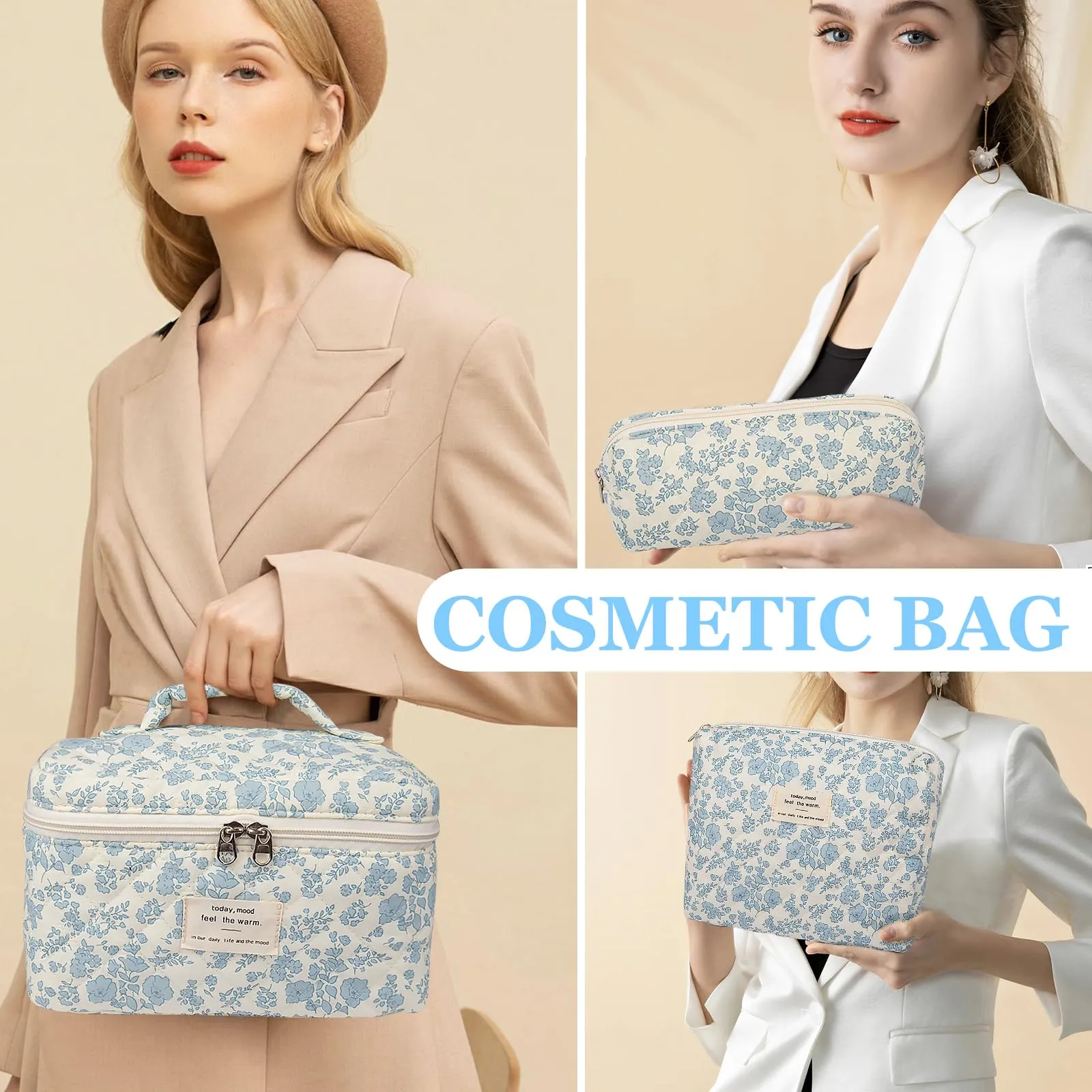 Makeup Bag Set, Quilted Makeup Bag, Large Floral Cosmetic Bag for Women, Cute Cotton Makeup Bags, Flower Travel Toiletry Organizer Bag(Plaid Floer)