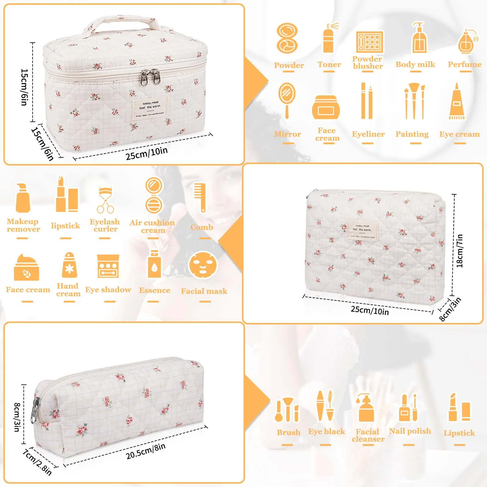 Makeup Bag Set, Quilted Makeup Bag, Large Floral Cosmetic Bag for Women, Cute Cotton Makeup Bags, Flower Travel Toiletry Organizer Bag(Plaid Floer)