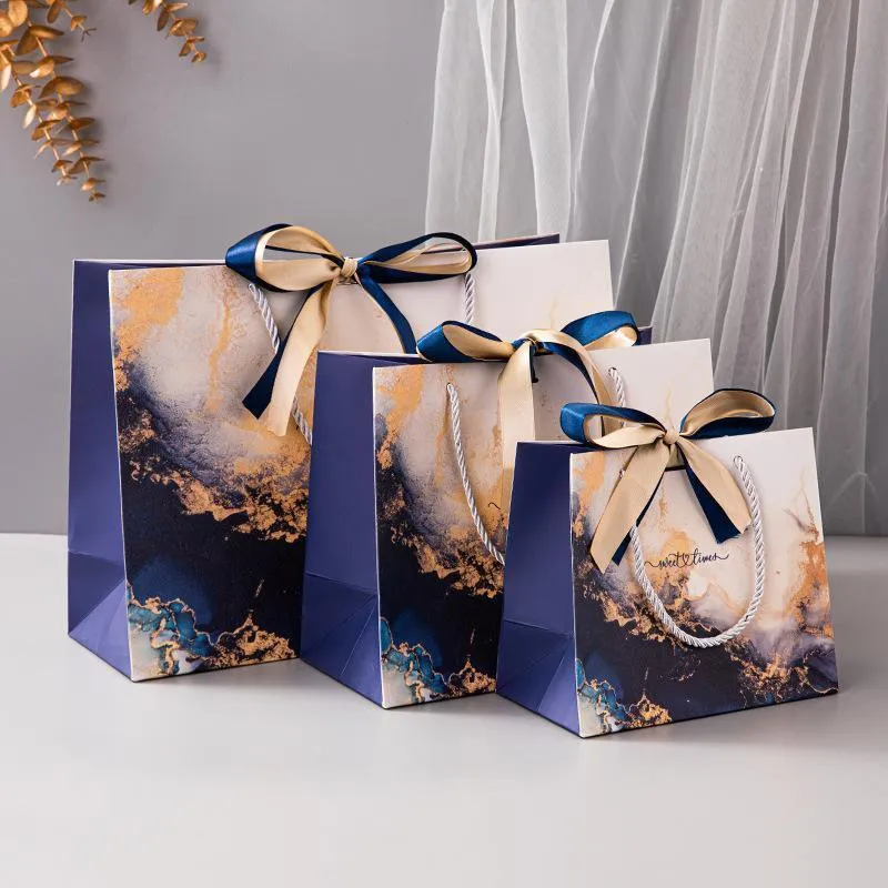 Marble Texture Gift Bag with Ribbon 10PCS White
