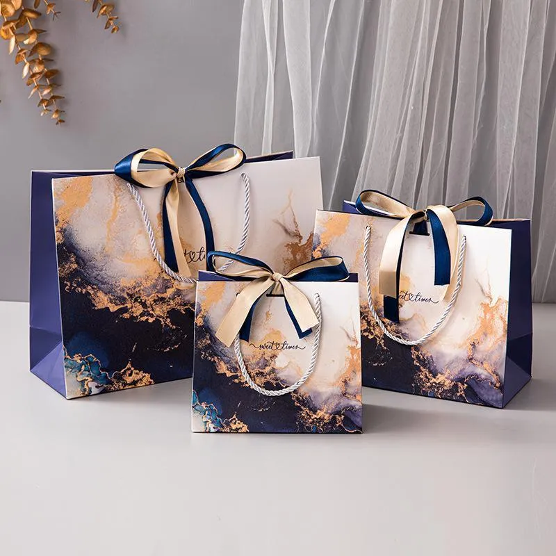Marble Texture Gift Bag with Ribbon 10PCS White