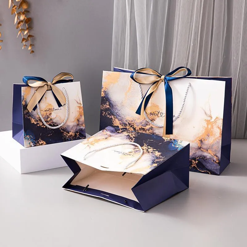 Marble Texture Gift Bag with Ribbon 10PCS White