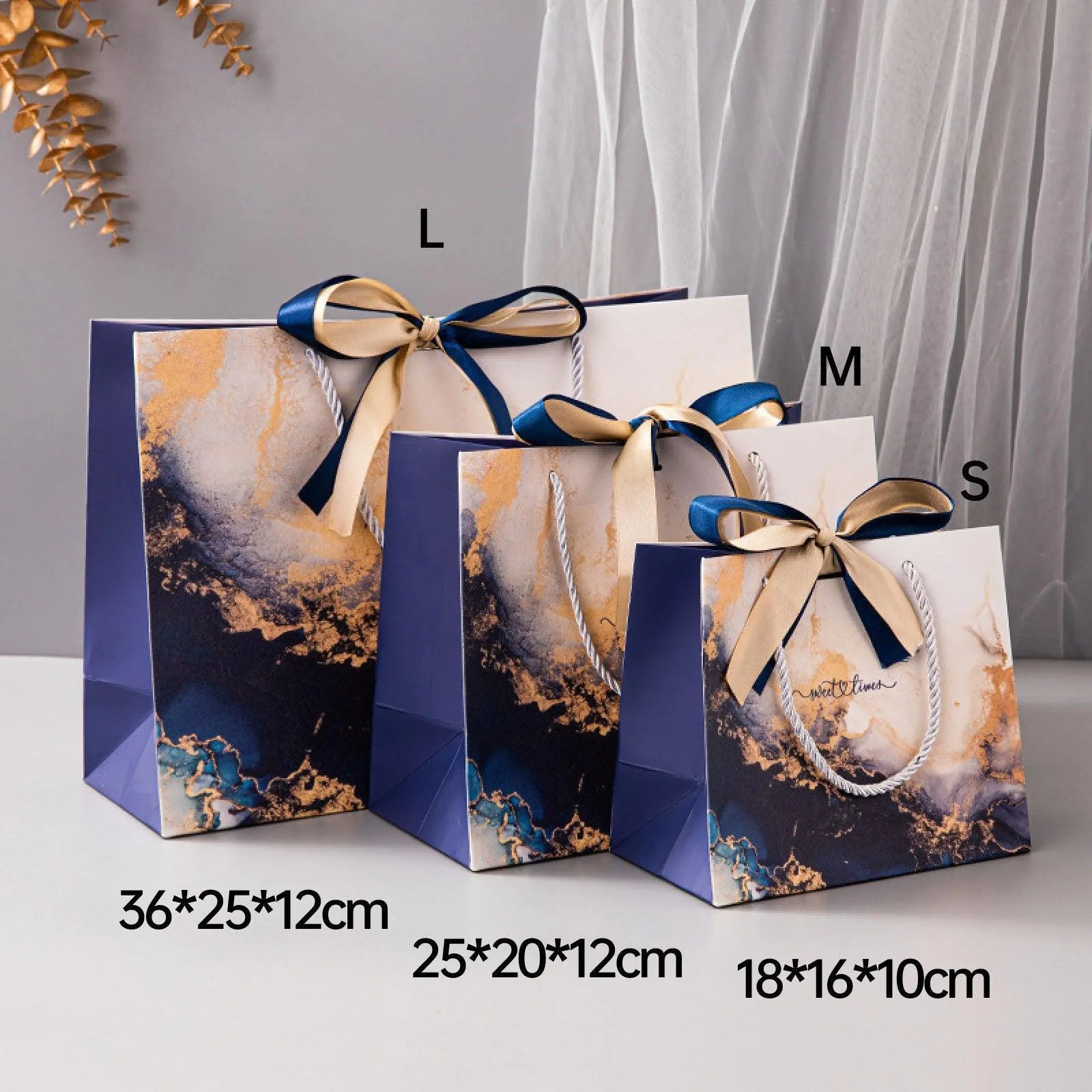 Marble Texture Gift Bag with Ribbon 10PCS White