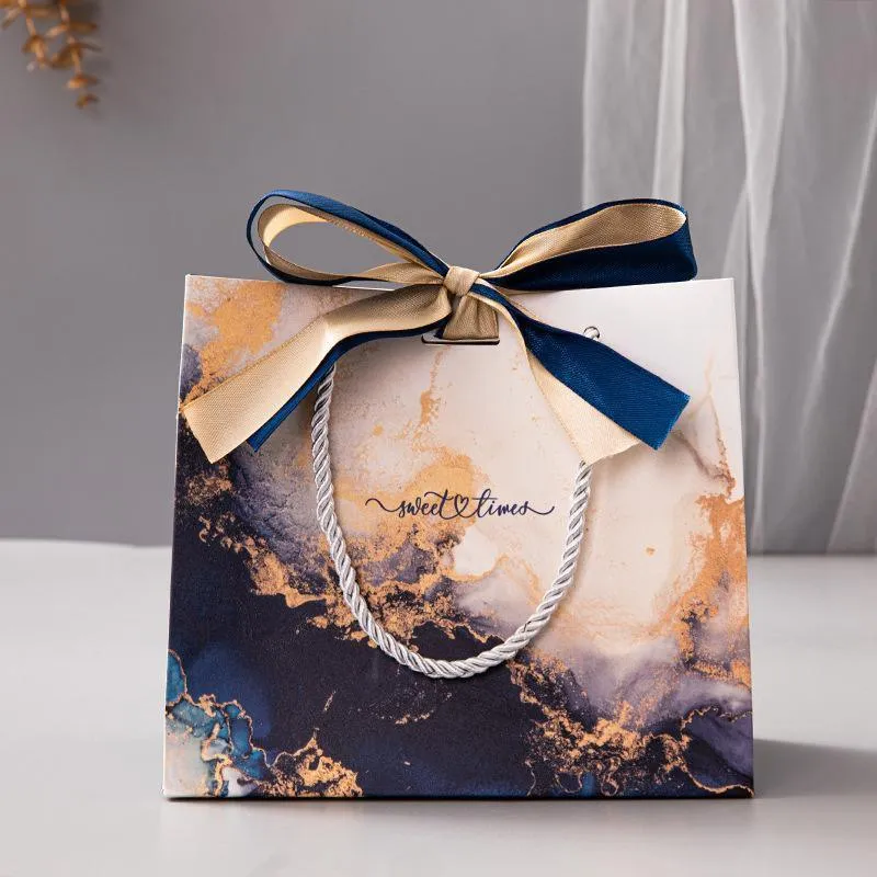 Marble Texture Gift Bag with Ribbon 10PCS White