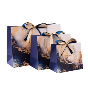 Marble Texture Gift Bag with Ribbon 10PCS White