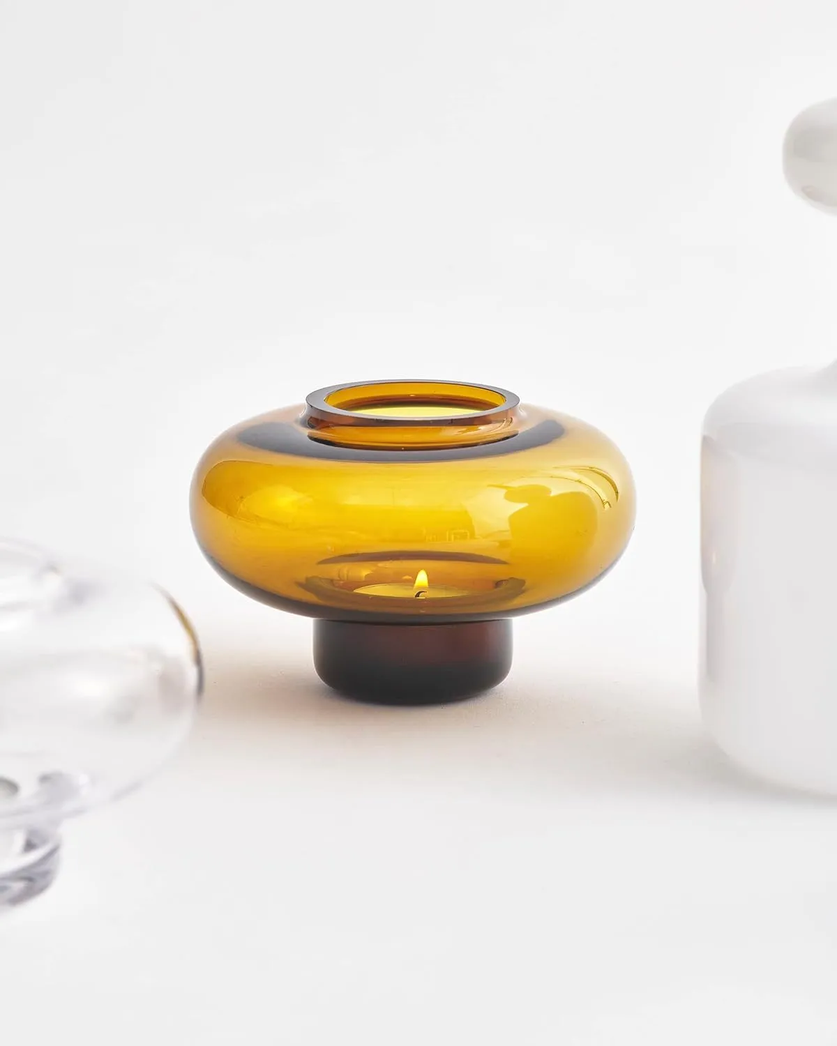 MARIMEKKO Fyr Tealight Candle Holder – Upgrade Your Home Decor with Our Brown Candle Holders for Table Centerpiece – Mouth-Blown Clear Glass Candle Holders (3 in x 5 in)