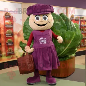 Maroon Cabbage mascot costume character dressed with a Pencil Skirt and Tote bags