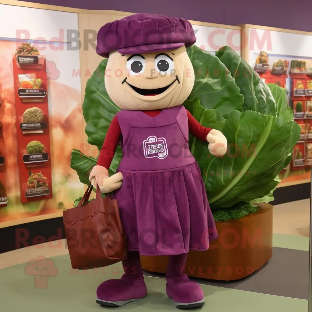 Maroon Cabbage mascot costume character dressed with a Pencil Skirt and Tote bags