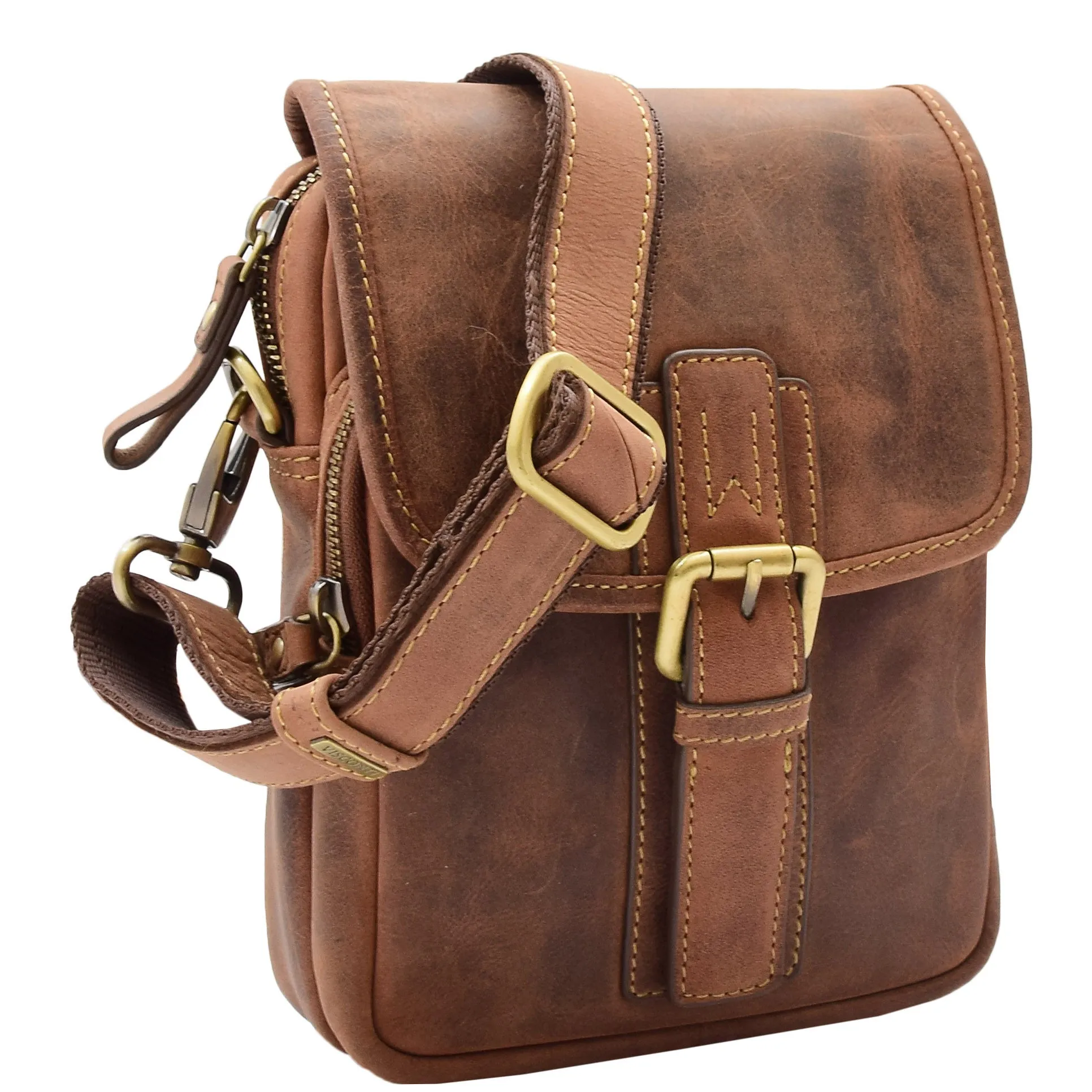Men's Smart Cross Body Bag Genuine Leather Messenger Tan DR386