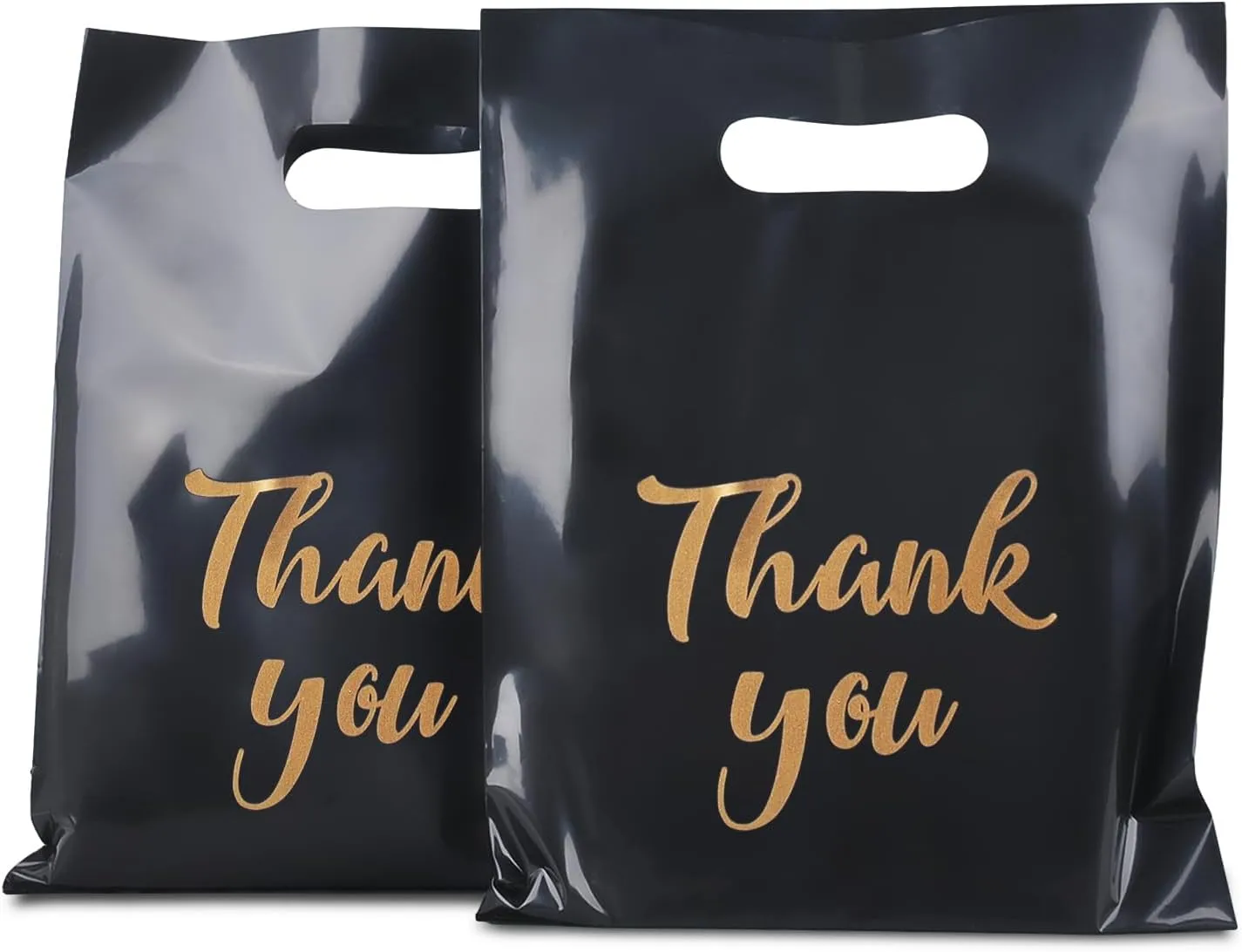 Merchandise Bags, 9 x 12 Inch Shopping Bags with Die Cut Handles, 100 Count Thank You Bags for Business Small, Plastic Shopping Bags for Boutique, Trade Show (Black)