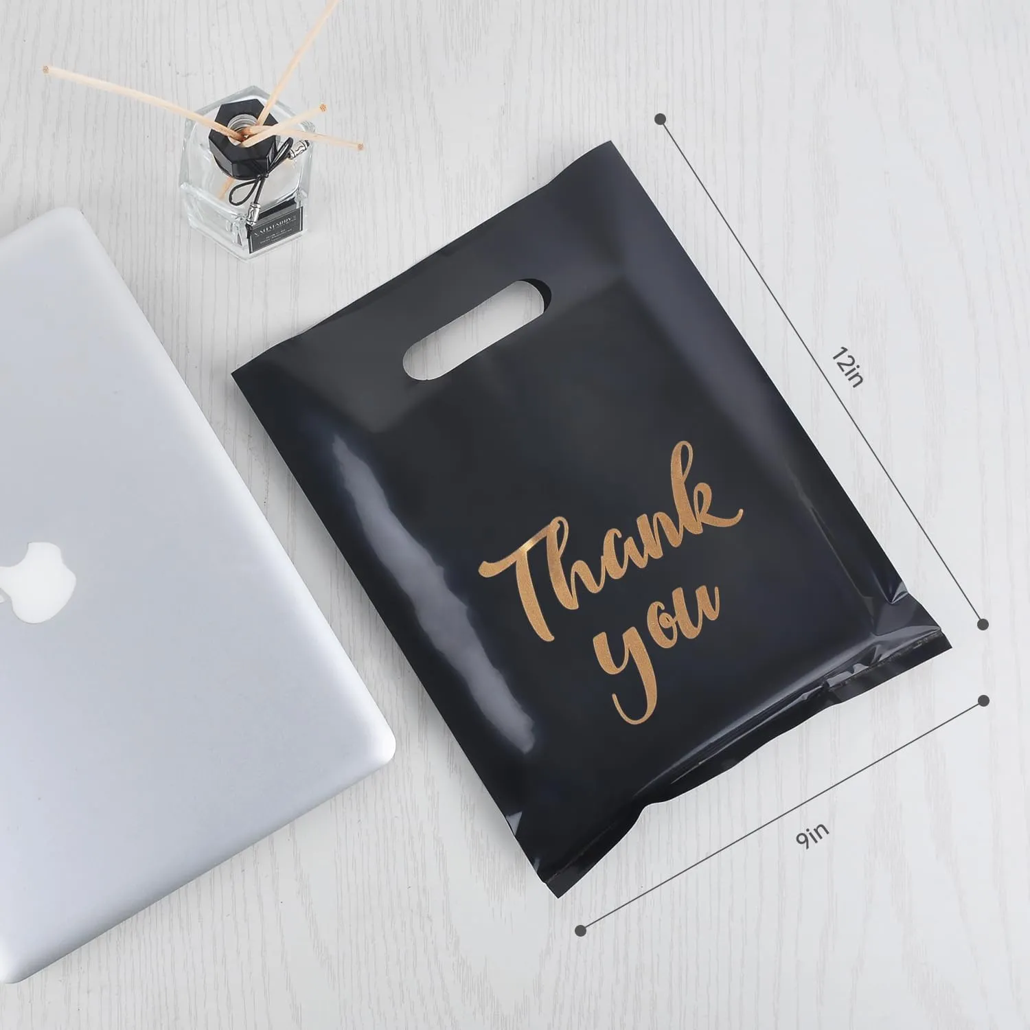 Merchandise Bags, 9 x 12 Inch Shopping Bags with Die Cut Handles, 100 Count Thank You Bags for Business Small, Plastic Shopping Bags for Boutique, Trade Show (Black)
