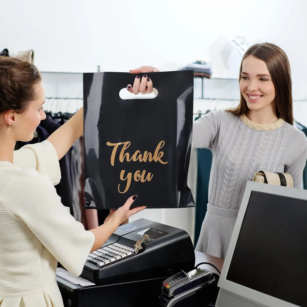 Merchandise Bags, 9 x 12 Inch Shopping Bags with Die Cut Handles, 100 Count Thank You Bags for Business Small, Plastic Shopping Bags for Boutique, Trade Show (Black)