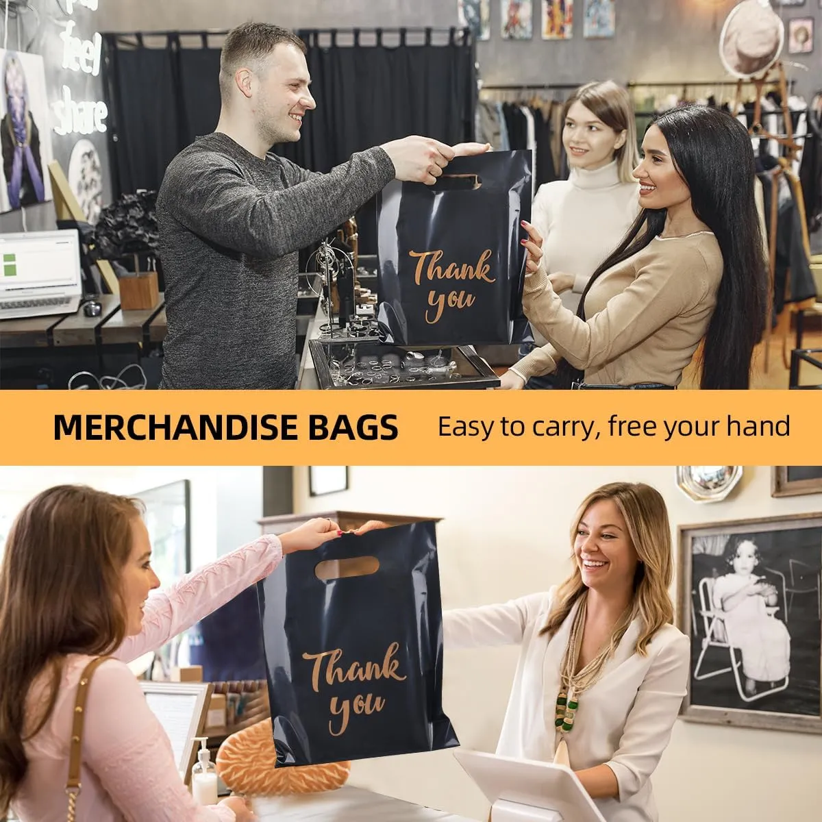 Merchandise Bags, 9 x 12 Inch Shopping Bags with Die Cut Handles, 100 Count Thank You Bags for Business Small, Plastic Shopping Bags for Boutique, Trade Show (Black)