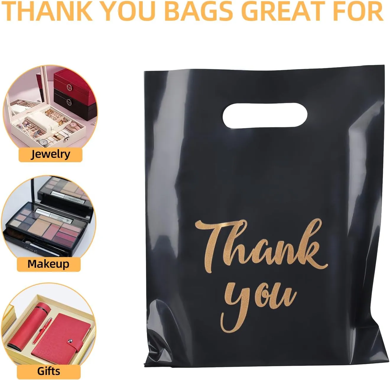 Merchandise Bags, 9 x 12 Inch Shopping Bags with Die Cut Handles, 100 Count Thank You Bags for Business Small, Plastic Shopping Bags for Boutique, Trade Show (Black)