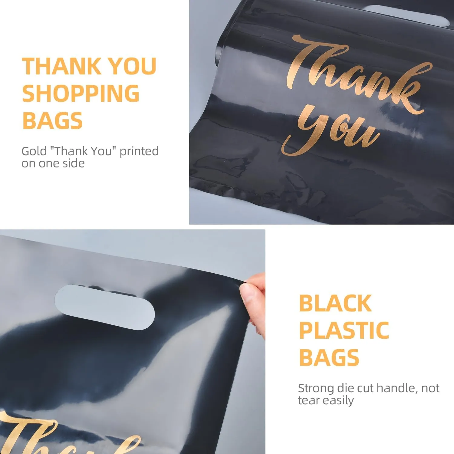 Merchandise Bags, 9 x 12 Inch Shopping Bags with Die Cut Handles, 100 Count Thank You Bags for Business Small, Plastic Shopping Bags for Boutique, Trade Show (Black)