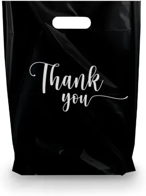 Merchandise Bags, Die Cut Handles, Strong, Durable, and Tear Resistant Bags Perfect for Retail, Boutiques, or Any Events, Different sizes and colors (Black Thank You, 9x12 Inch (Pack of 100))