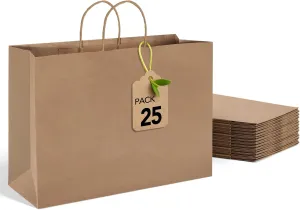 MESHA Large Brown Paper Bags with Handles 16x6x12 Inch 25 Pack Gift Shopping Bags Large Craft Bag Kraft Bag for Small Business