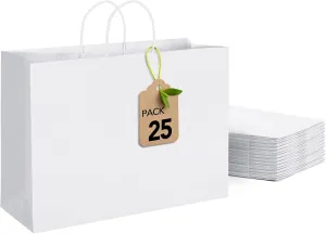 MESHA Large White Paper Bags with Handles 16x6x12 Inch 25 Pack Kraft Paper Shopping Bags Large Gift Bag Craft Bag for Small Business