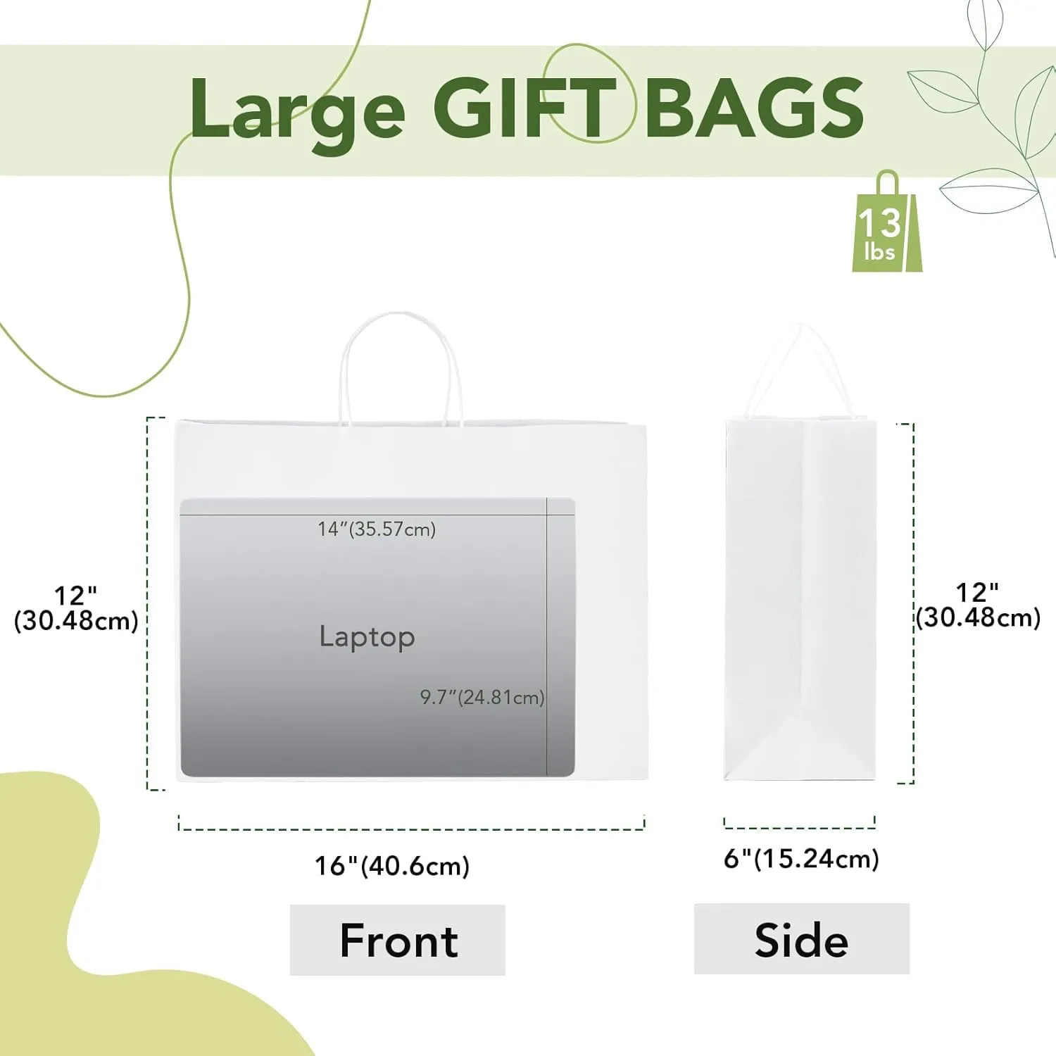 MESHA Large White Paper Bags with Handles 16x6x12 Inch 25 Pack Kraft Paper Shopping Bags Large Gift Bag Craft Bag for Small Business