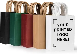 METAPRINT 50 PCS Custom Printed Kraft Paper Bags for Small Business, 8x4.5x10.8 Inch Medium Size, Personalized Retail Gift Bags with Logo, Brown Shopping Paper Bag with Handle, Goodie Bag