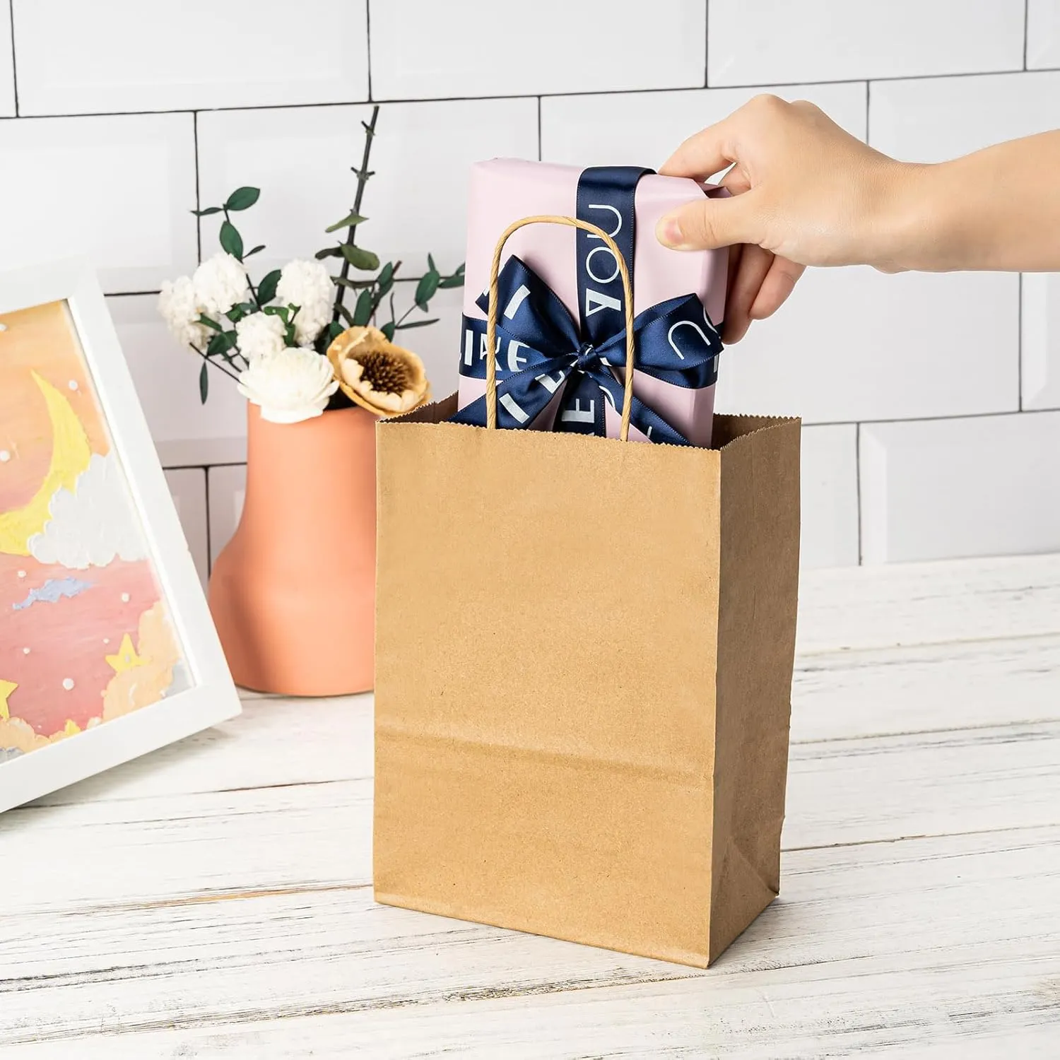 METAPRINT 50 PCS Custom Printed Kraft Paper Bags for Small Business, 8x4.5x10.8 Inch Medium Size, Personalized Retail Gift Bags with Logo, Brown Shopping Paper Bag with Handle, Goodie Bag