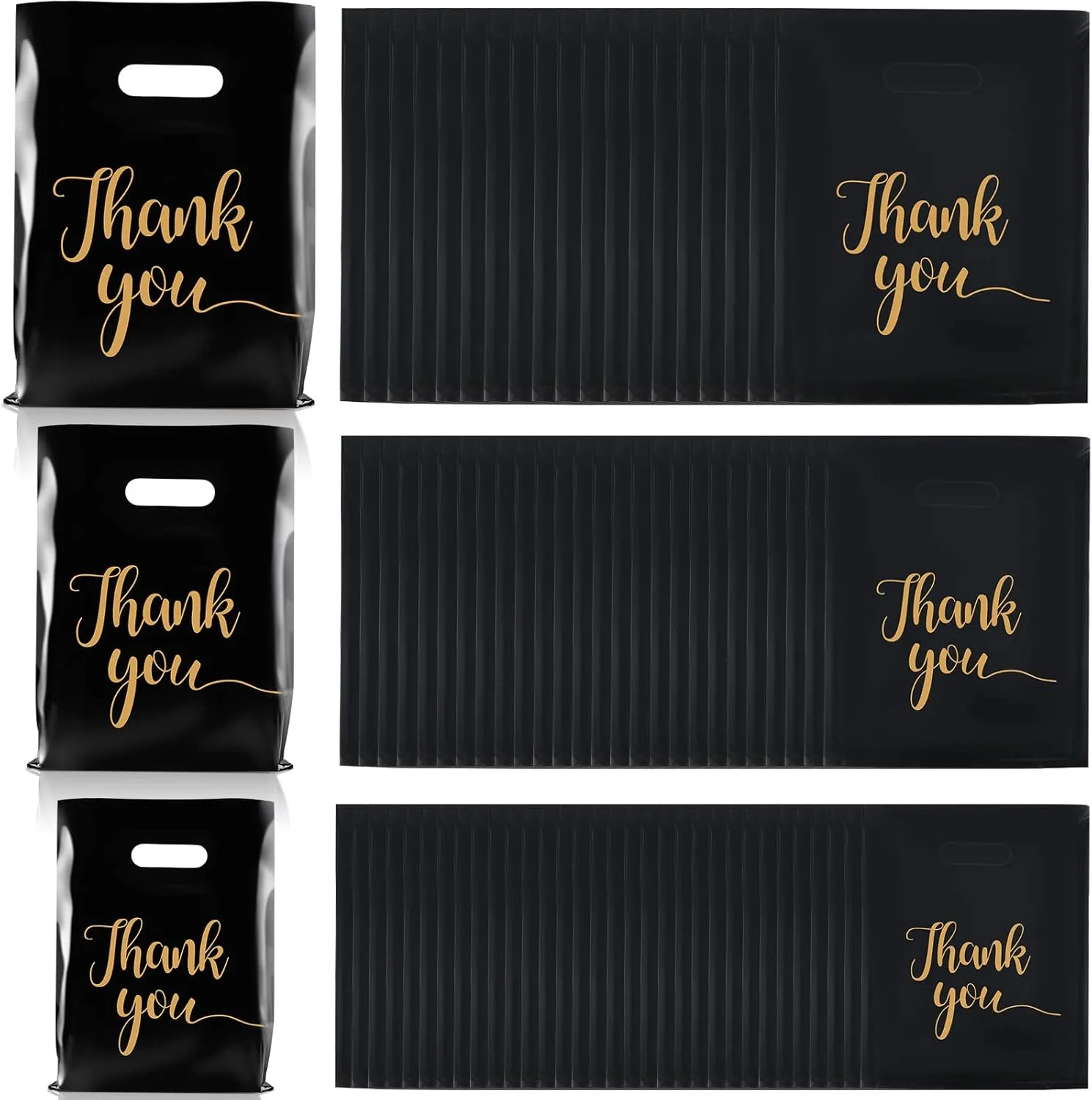Mimorou 200 Pcs Thank You Merchandise Bags 2.36 Mil Die Cut 3 Size Plastic Retail Thank You Shopping Gift Bags, 9 x 12 Inch, 12 x 15 Inch, 15 x 18 Inch(Black with Gold)