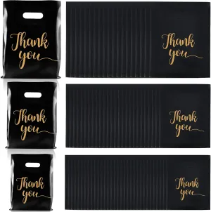 Mimorou 200 Pcs Thank You Merchandise Bags 2.36 Mil Die Cut 3 Size Plastic Retail Thank You Shopping Gift Bags, 9 x 12 Inch, 12 x 15 Inch, 15 x 18 Inch(Black with Gold)