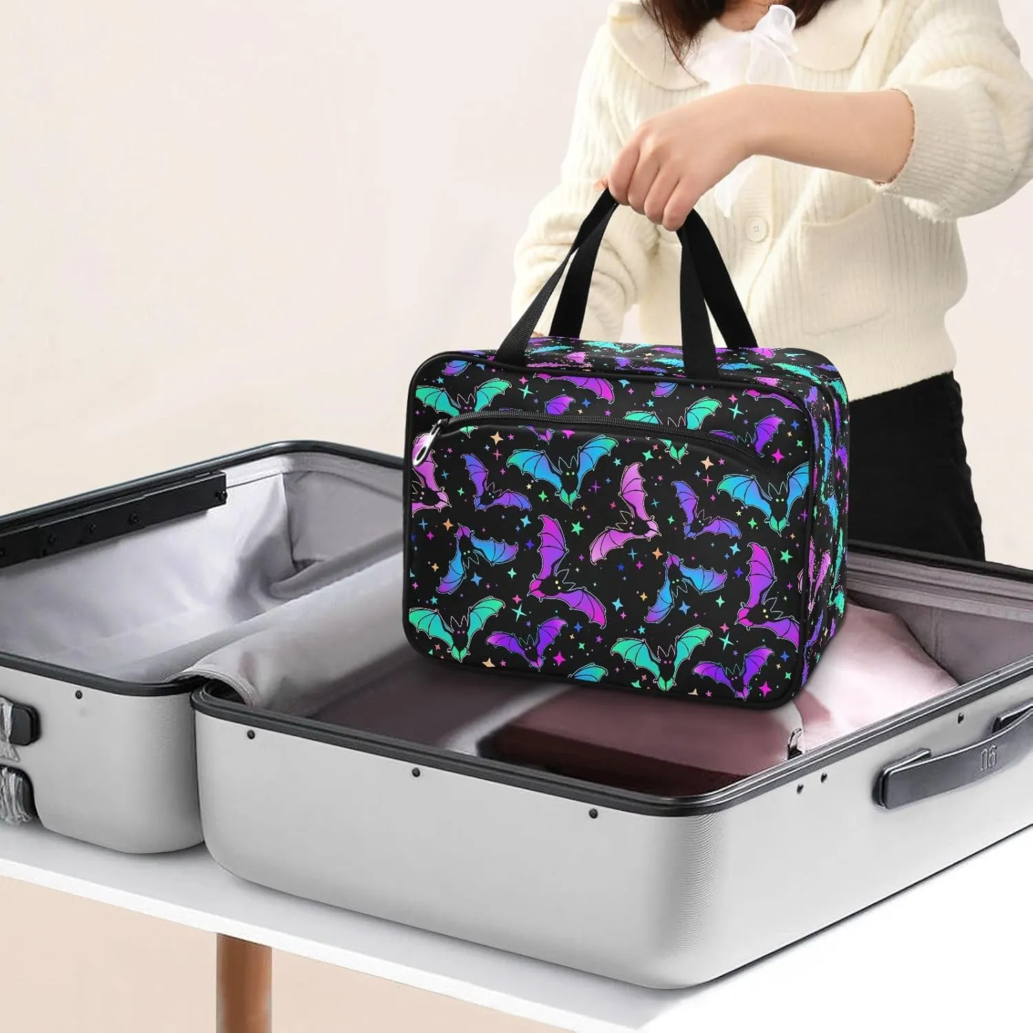 MNSRUU Hanging Toiletry Bags for Women Travel, Gothic Halloween Luminous Bats Toiletry Organizer Portable Travel Toiletry Bags Clear Wash Bags Makeup Bag Cosmetic Bag