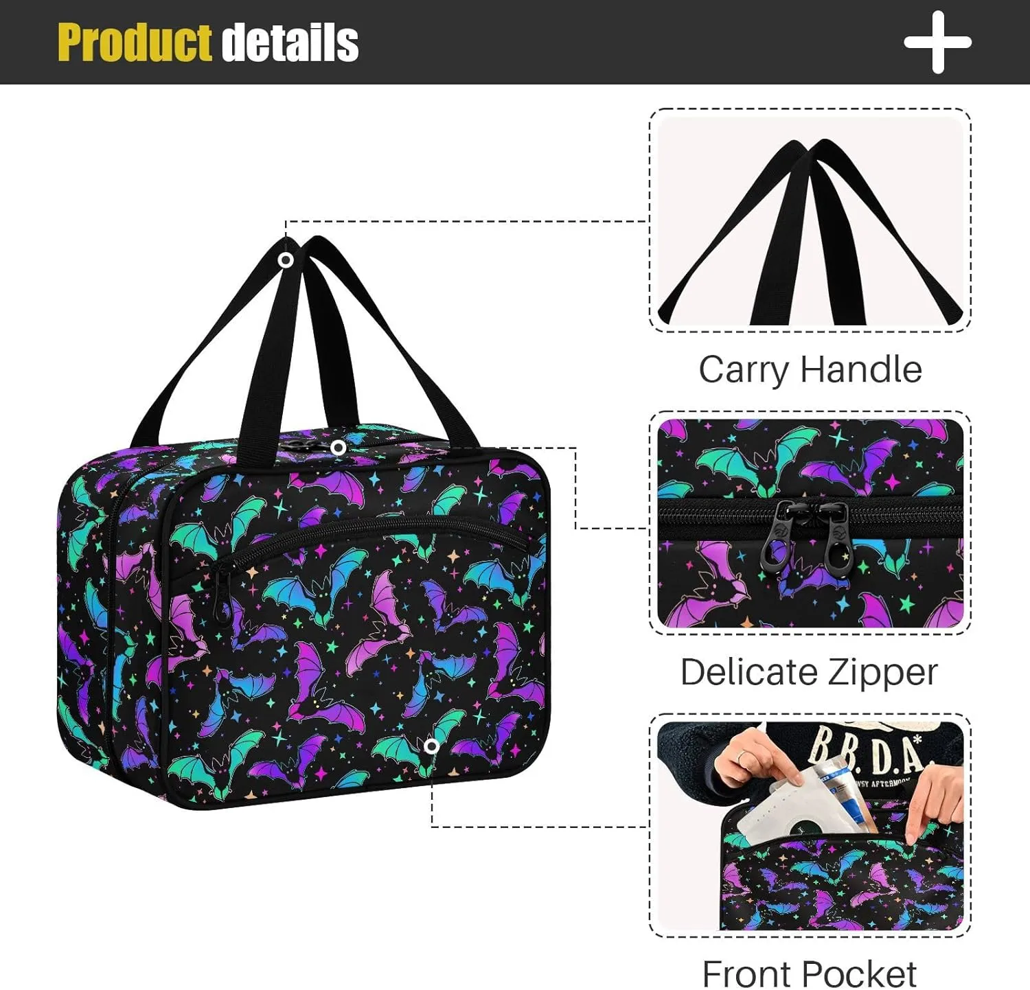 MNSRUU Hanging Toiletry Bags for Women Travel, Gothic Halloween Luminous Bats Toiletry Organizer Portable Travel Toiletry Bags Clear Wash Bags Makeup Bag Cosmetic Bag