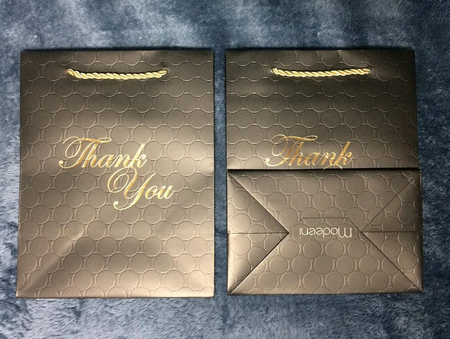 MODEENI Black Thank You Gift Bags - 8x10 Medium Size - 12 Bags - Classy for Small Business - Boutique with Gold Foil Handles and Embossed Modern Finish