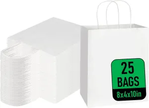 Mr Miracle Gift Bags with Handles Bulk (25 Pack, 8X4X10 Inch) - Premium, Sturdy White Handle Bags for Small Business, Retail, Party Favors - Bulk Gift Bags with Handles for Shopping