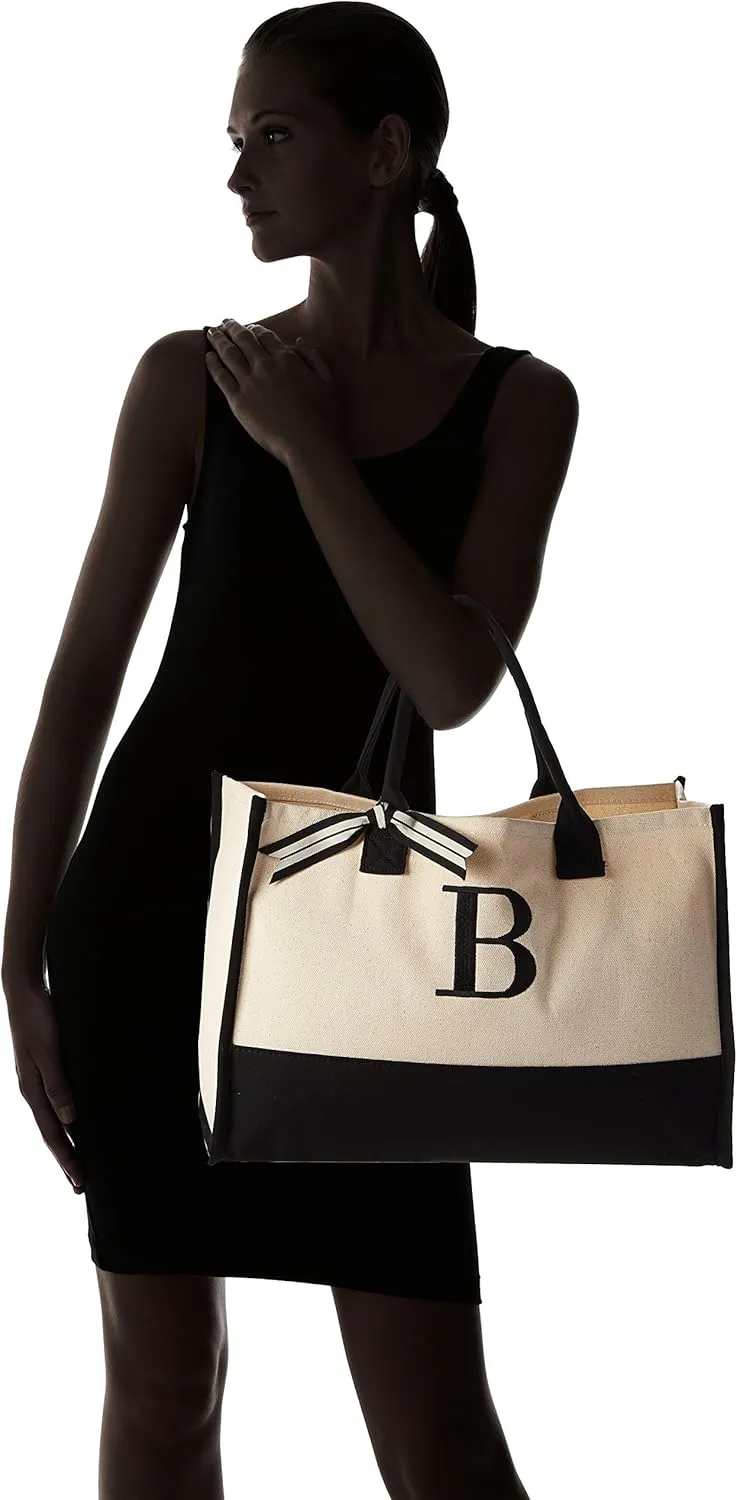 Mud Pie Classic Black and White Initial Canvas Tote Bags (B), 100% Cotton, 17" x 19" x 2"