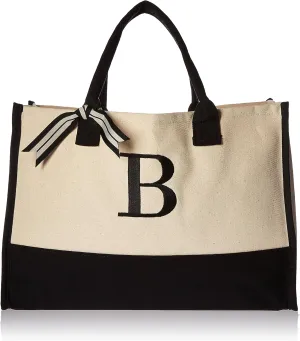 Mud Pie Classic Black and White Initial Canvas Tote Bags (B), 100% Cotton, 17" x 19" x 2"