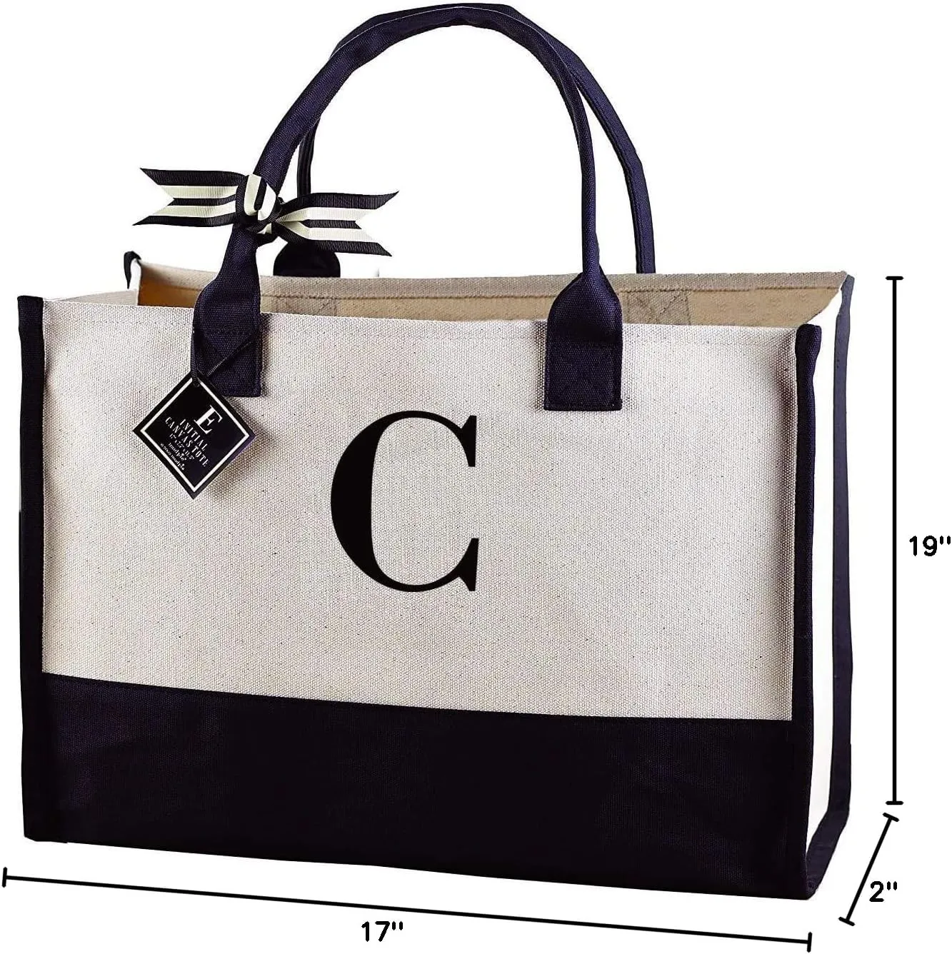 Mud Pie Classic Black and White Initial Canvas Tote Bags (C), 100% Cotton, 17" x 19" x 2"